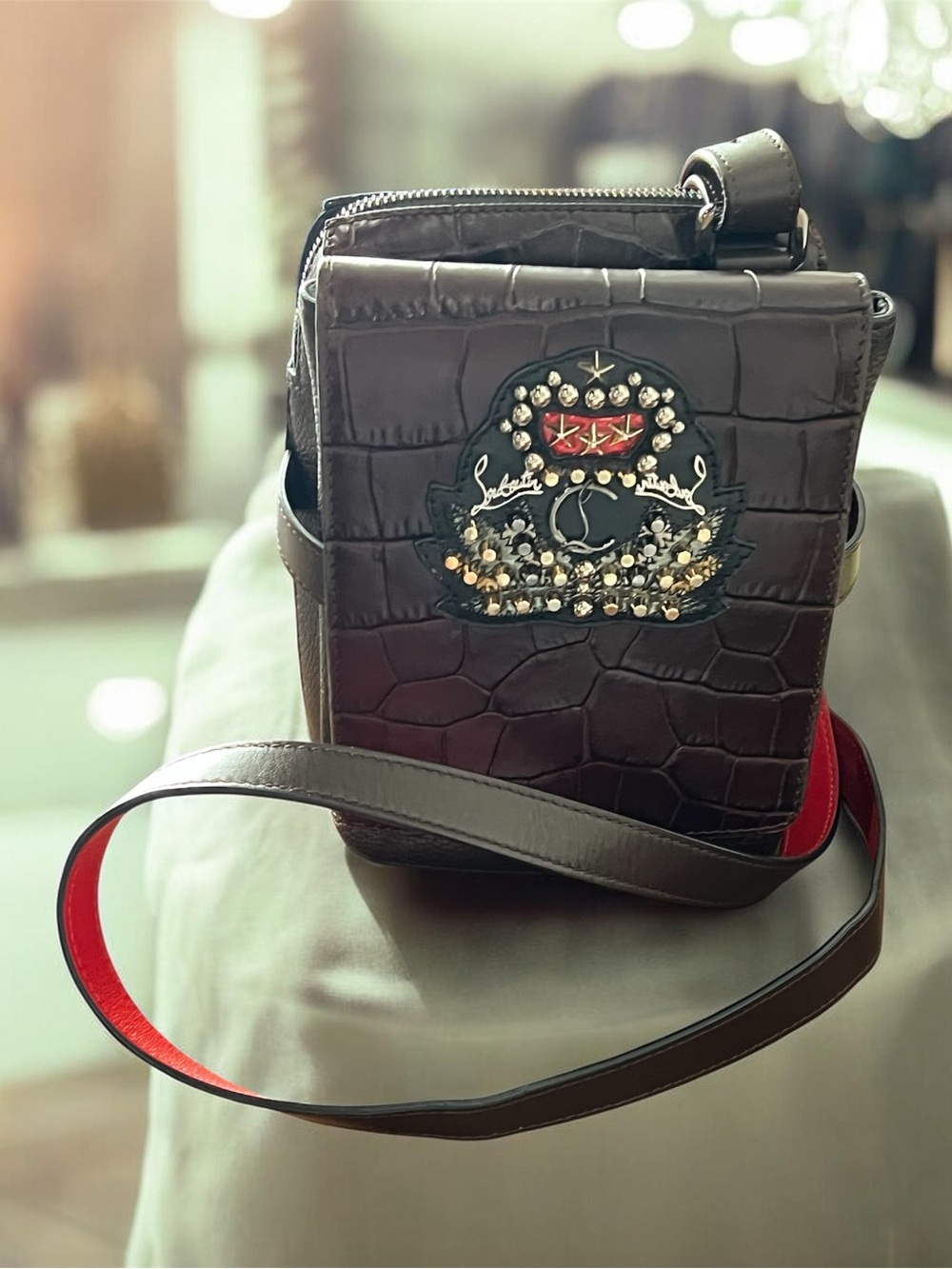 💋Christian Louboutin💋 Benech Reporter Embellished Croc-Embossed Cross Body